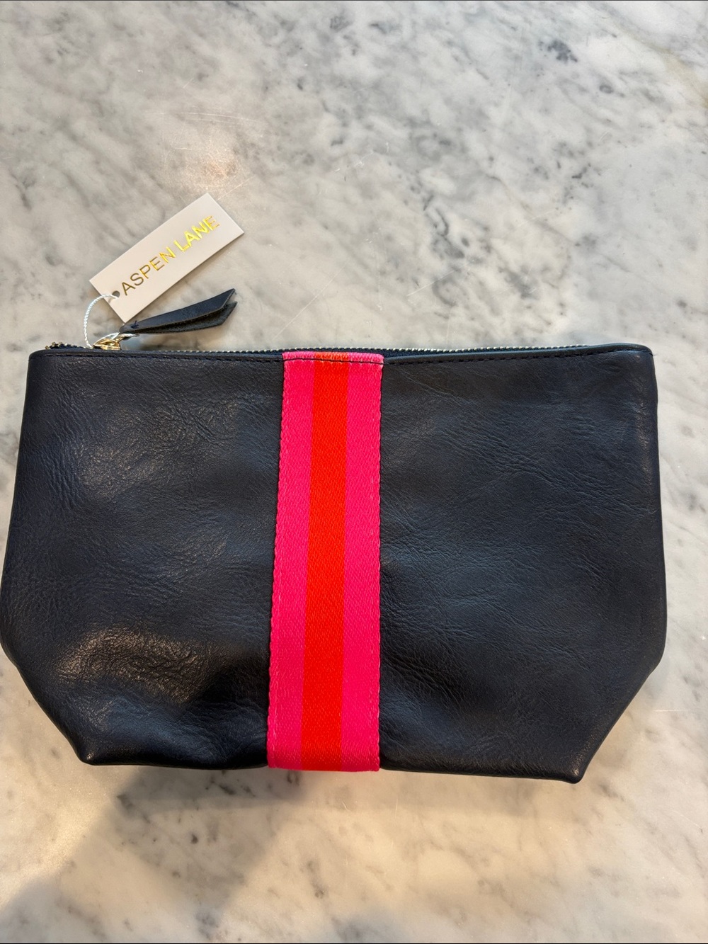 Navy Leatherette Travel Pouch with Pink & Red Stripe